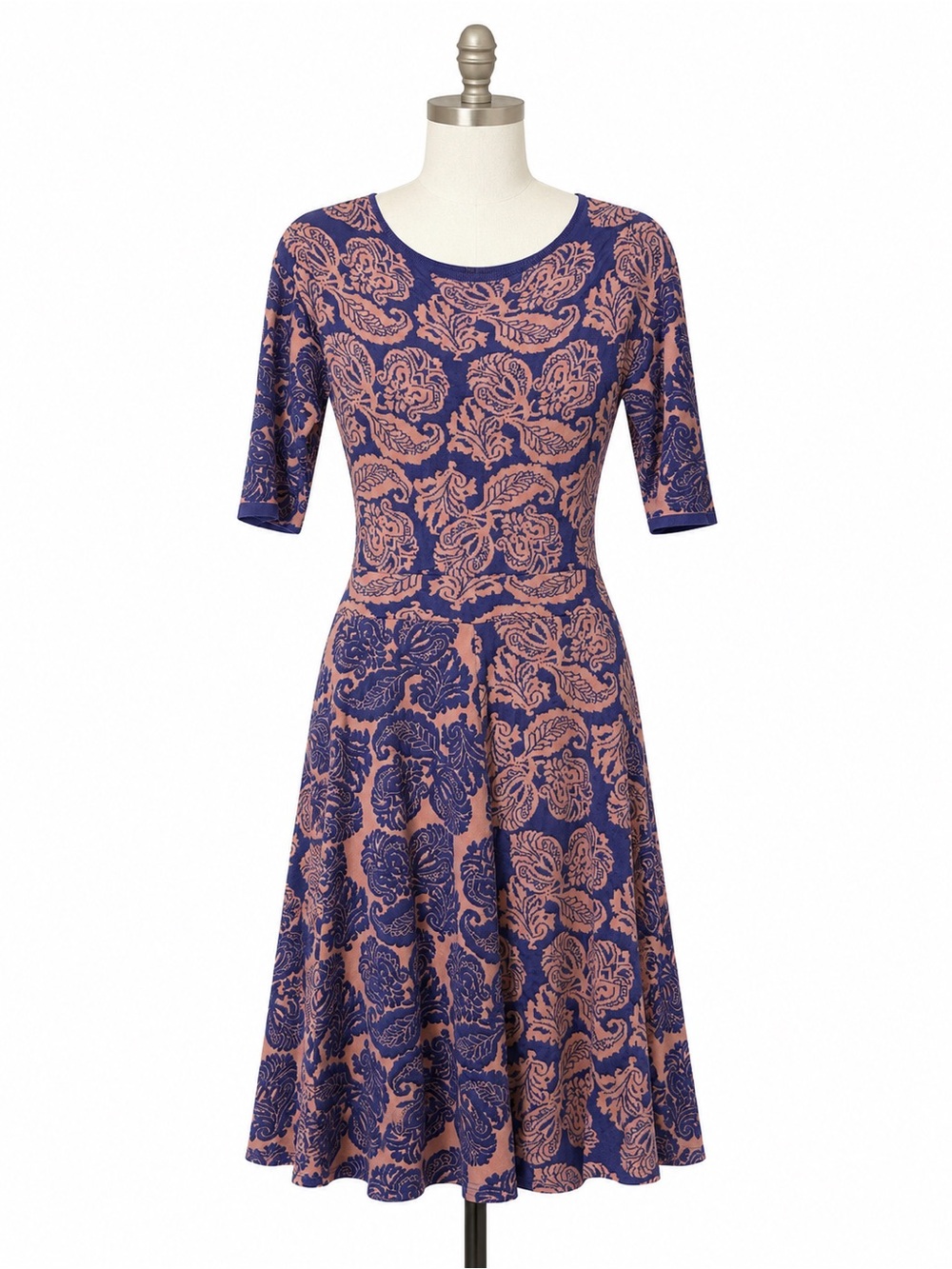 Ekaterina Kukhareva Handmade Navy and Pink Patterned Fit-and-Flare Dress